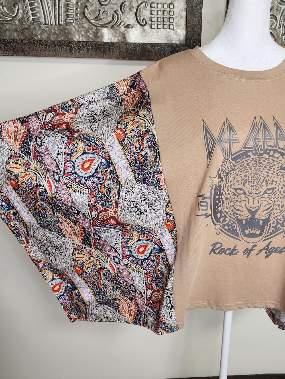 Paisley Kimono Sleeve Crop Top in Taupe - Picture 5 of 13
